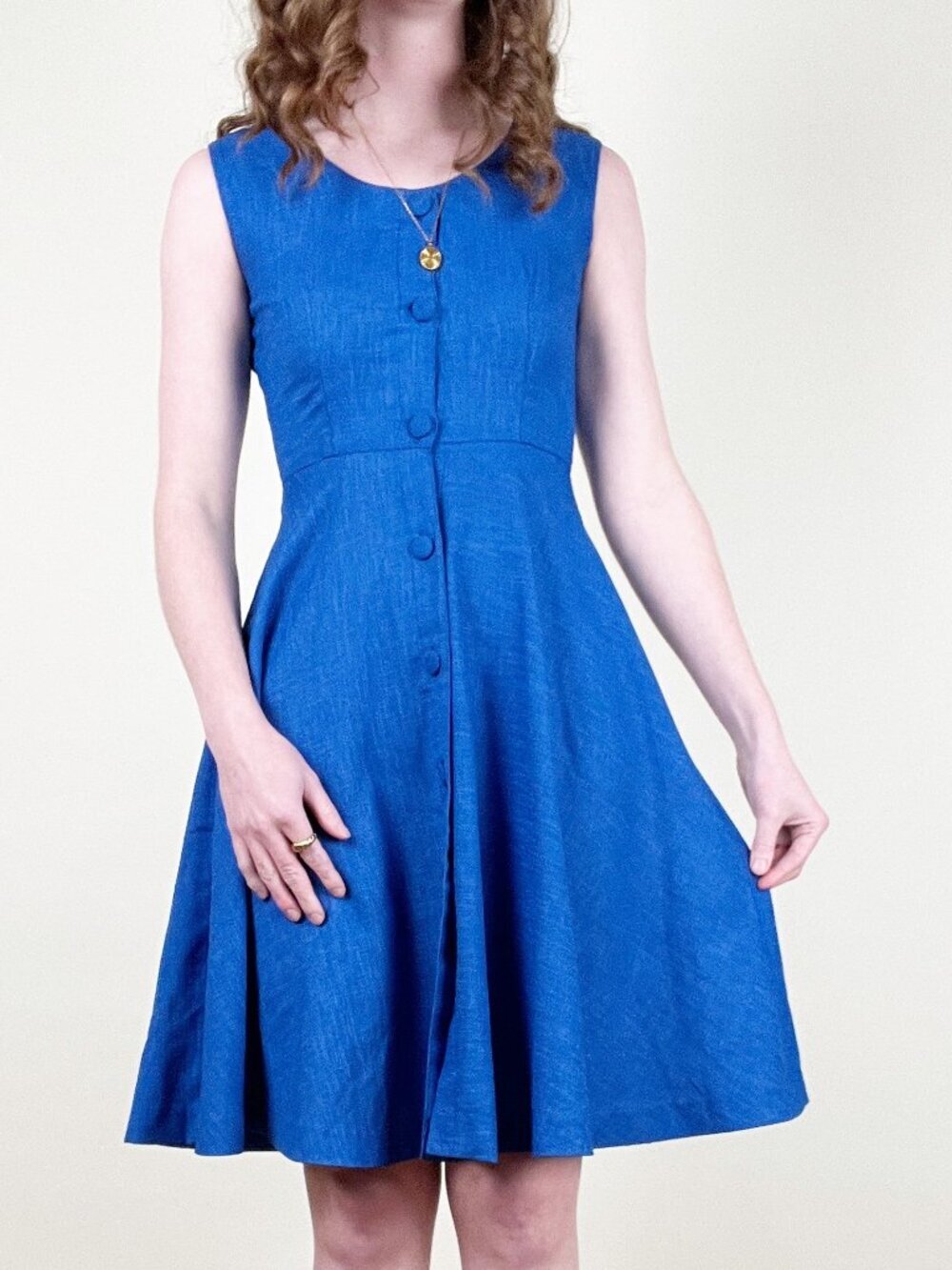 Vintage Royal Blue Sleeveless Button Front A-Line Mini Sun Dress Fit & Flare - Picture 1 of 5